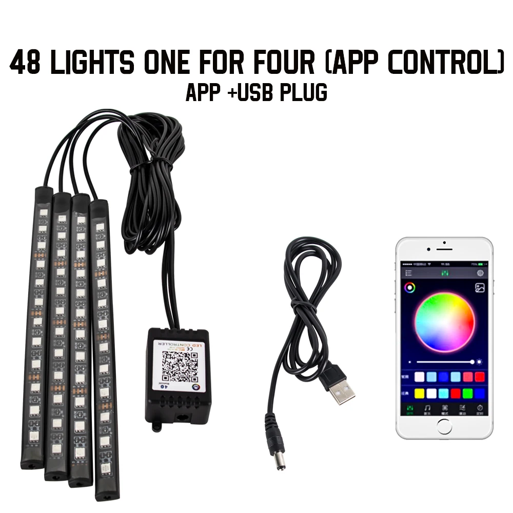 Neon 48 72 LED auto-interieur omgevingsvoetlicht met USB draadloze afstandsbediening muziek app-bediening auto RGB sfeer decoratieve lampen