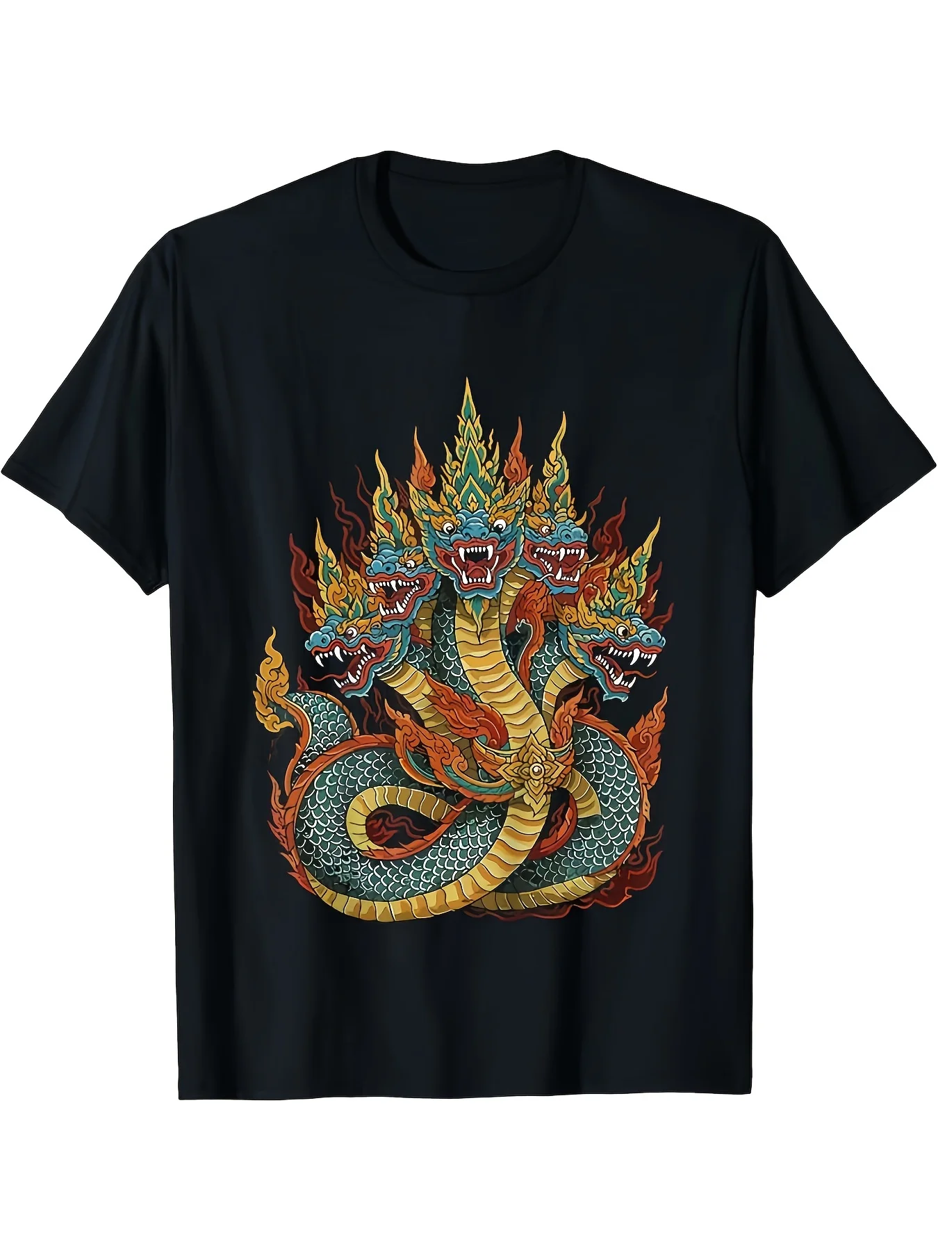 Cambodia Naga Snake T-shirt - Thai Cambodian Cultural Symbol, Featuring Naga Snake King Art Retro Round Neck Casual Shirt