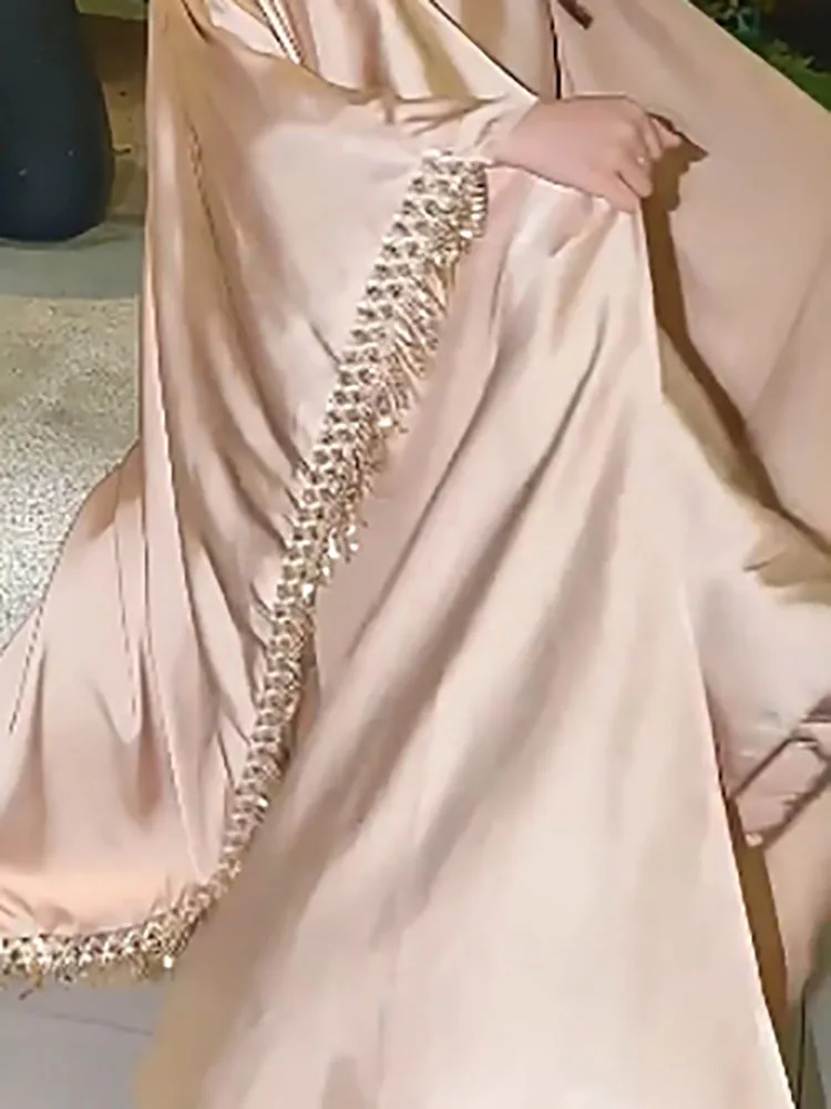 

Dubai Fashion Party Tassel Women Robe Two Piece Set Elegant O Neck Lace-up Slim Long Dress With Cardigan Outfit Fall Winter Suit