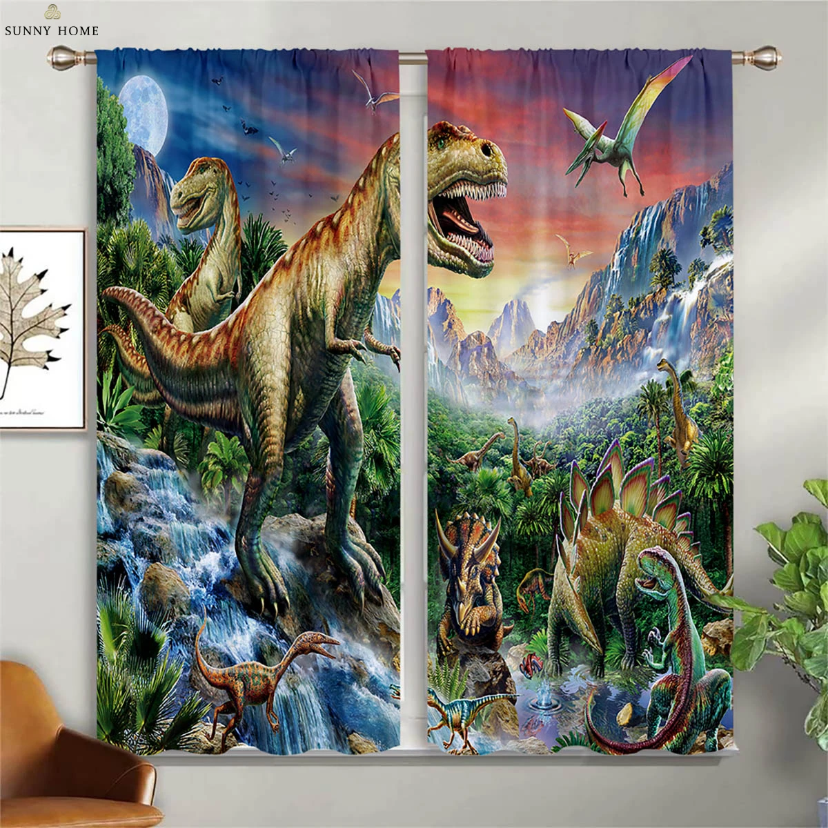 2 Pieces Of Dinosaur Animal 3d Stereo Printing Curtains Bedroom Living Room Children's Room Window Decoration Curtains