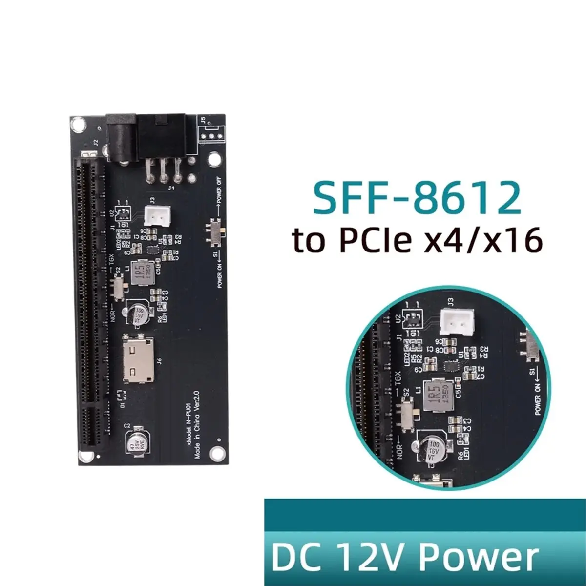 Oculink SFF-8612 to PCIe X4 X16 Slot Adapter Card GPU Power DC 12V for PC Mainboard Graphics Card