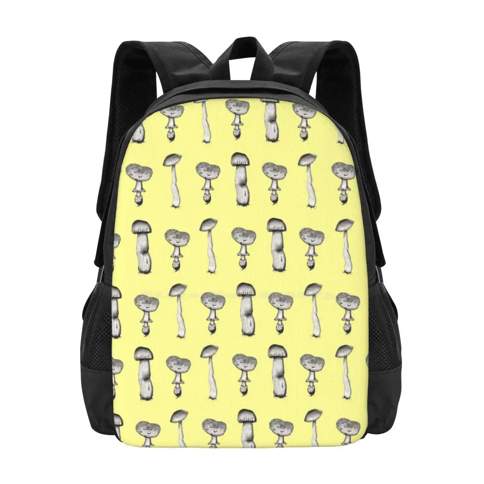 Mushroom Family 3D Print Design Backpack Student Bag Cute Kawaii Botanical Pencil Drawing Pattern Mushrooms Yellow Pastel