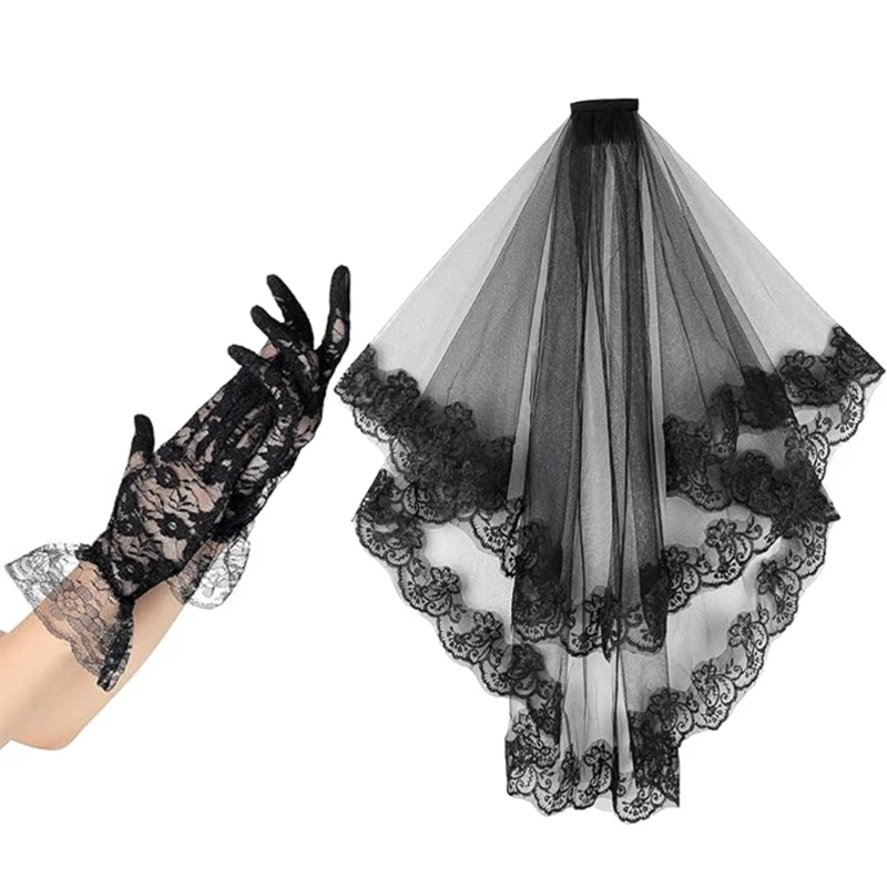 Alluring Halloween Costume Accessories with Black Lace Veil and Soft Gloves Cosplay Headpieces Party Headwear for Women