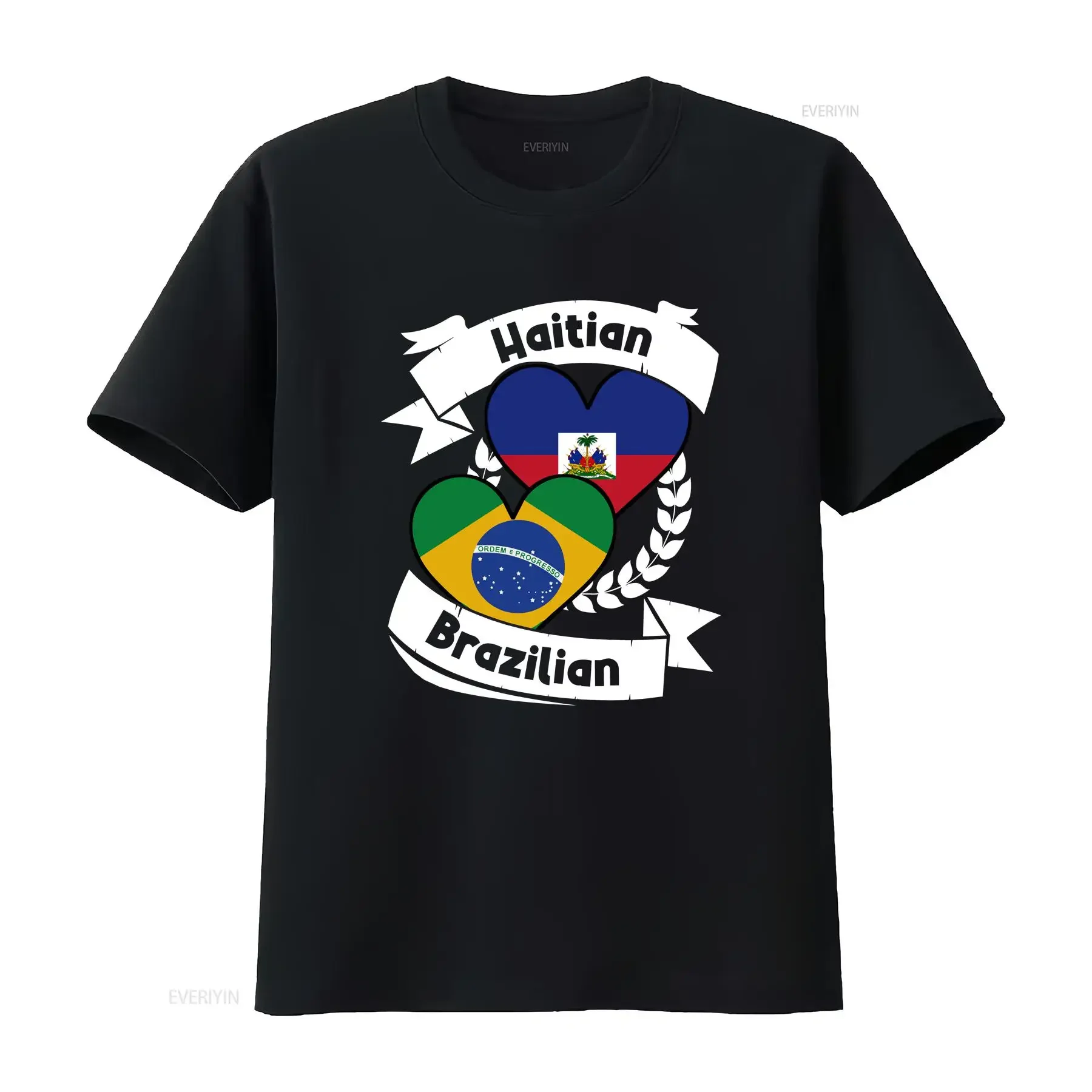 Haitian Brazilian Heart Flags Haiti Brazil T Shirt vintage Washed Soft fashion Breathable graphic Slightly