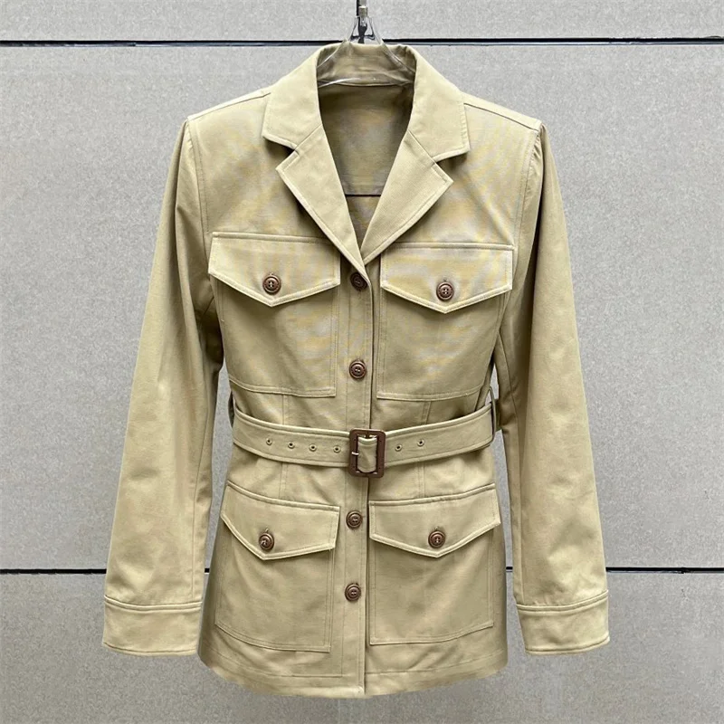 

Women's jacket 2026 Spring new single breasted slim fit lapel long sleeved top Belt decoration cotton women's coat outerwears
