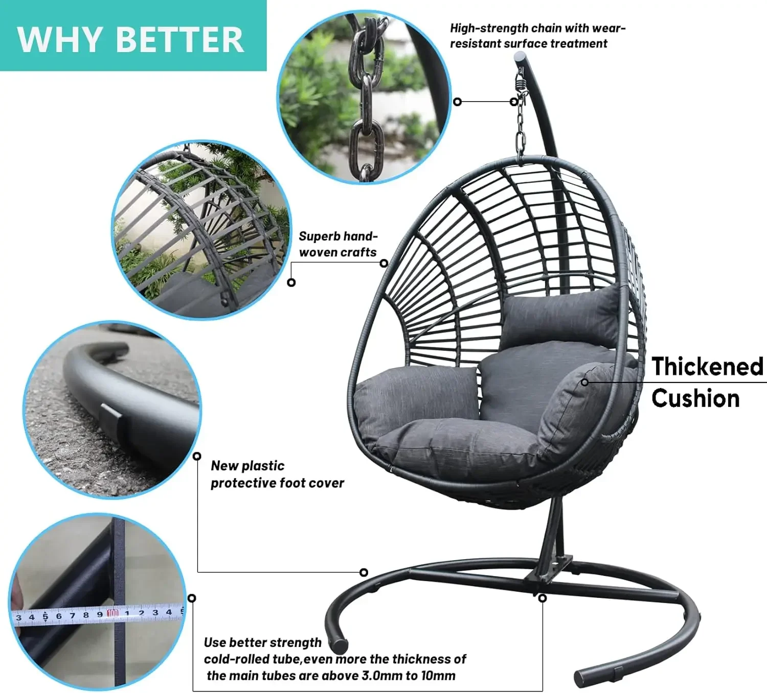 

JOYBASE Hanging Egg Chair with Stand, Outdoor Wicker Rattan Egg Swing Chair with Stand and Cushion for Indoor Outdoor Bedroom