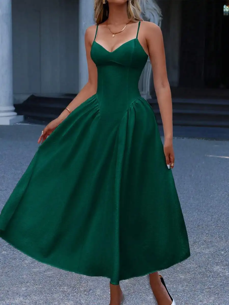 

Womens Elegant Green Sleeveless V-Neck Midi Dress For Party Beach Vacation