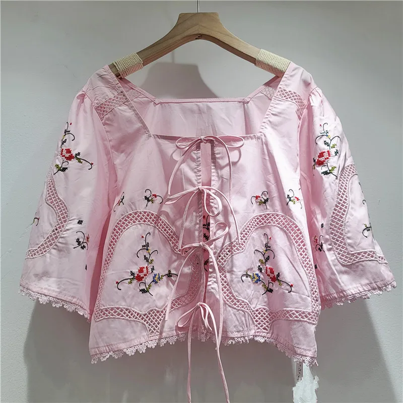 

Clothland Women Sweet Floral Embroidery Blouse Square Collar Lace Up Shirt Hollow Out Female Cute Tops Blusa DA630