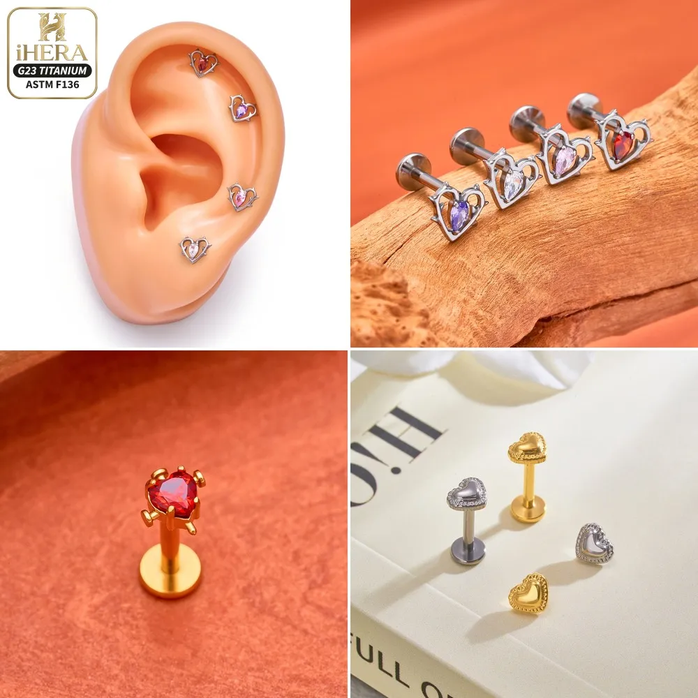 ASTM F136 Titanium Heart Shape Sparkly CZ Inlaid Lip Ring Nose Labret Stud  Ear Cartilage Piercing Jewelry Bulk Earrings view 6