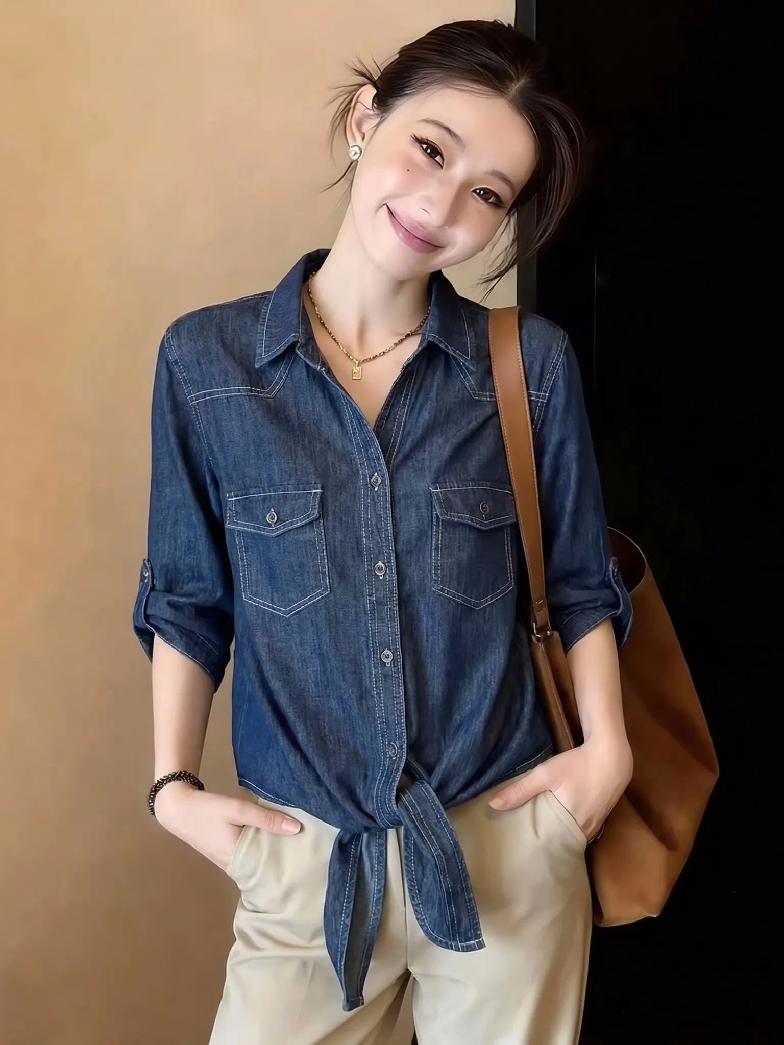 

Thin Denim V-Neck Shirt Women's Spring Summer New Large Size Fat MM Belted Waist Seven-Sleeve Top Korean Style Loose Fit