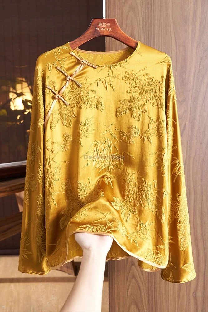 

2025 new chinese style national long sleeve jacquard choengsam button shirt for women spring autumn casual elegant tang suit top