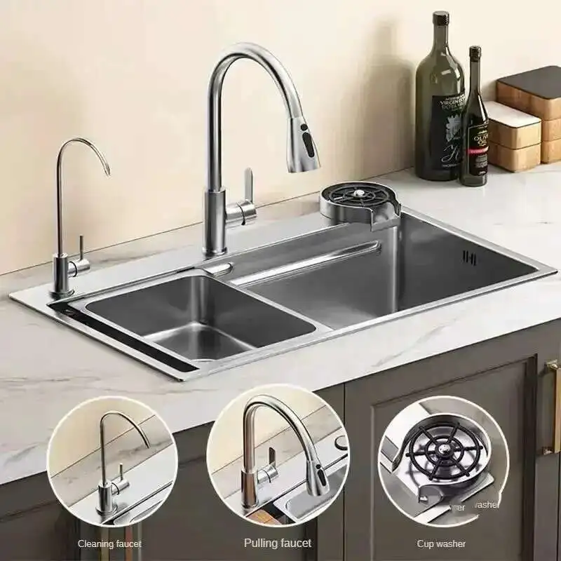 

Modern Silver Sink for Kitchen Stainless Steel Three-hole Kitchen Sinks Creative Household Nano Sinks for Balcony