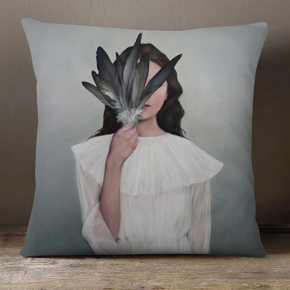 Abstract Artistic Figures Girl Feather Portrait Cushion Cover Home Decorative Pillows For Sofa 45X45cm