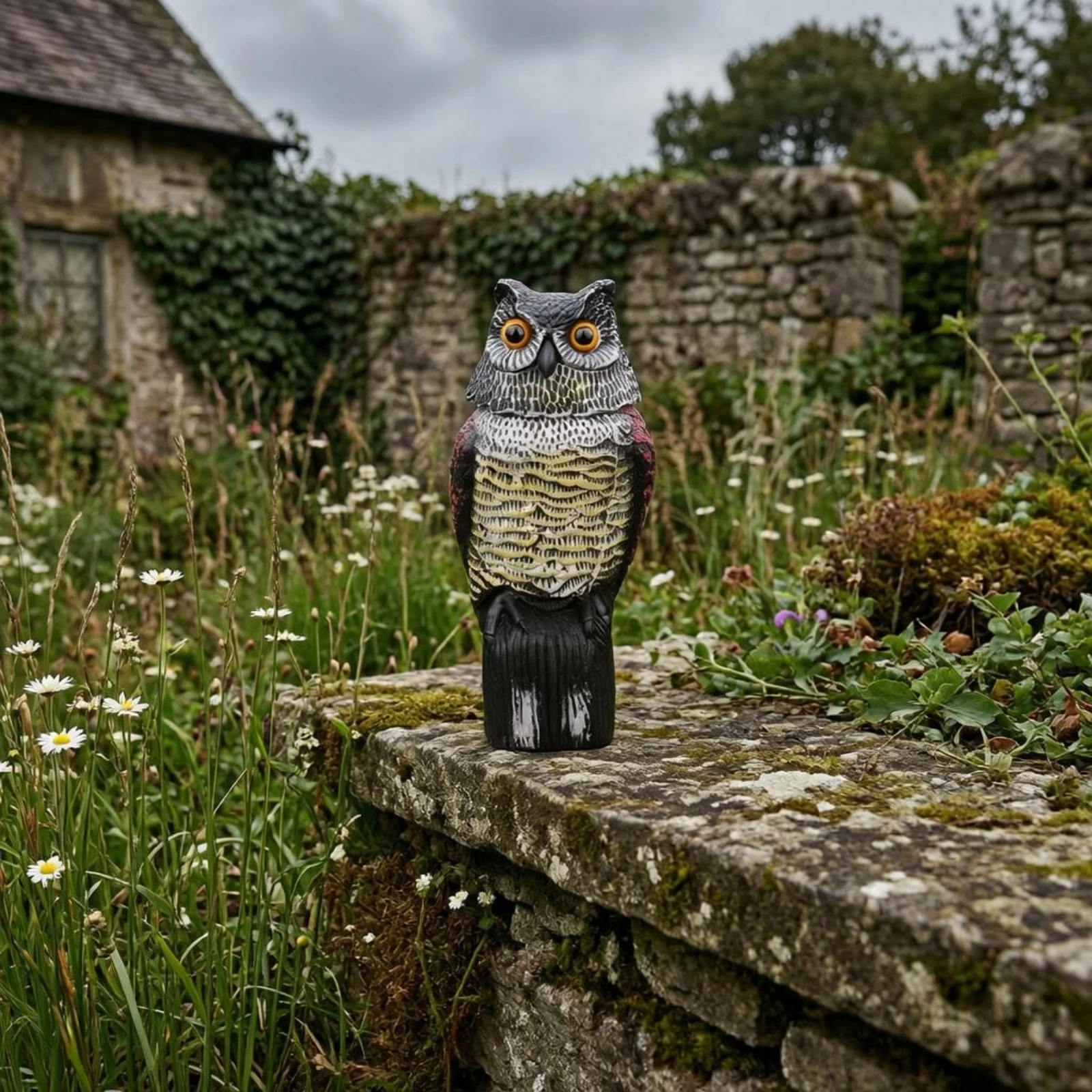 Owl Garden Ornament Textured Resin Owl Sculpture Animal Figurine Freestanding Yellow Eyes