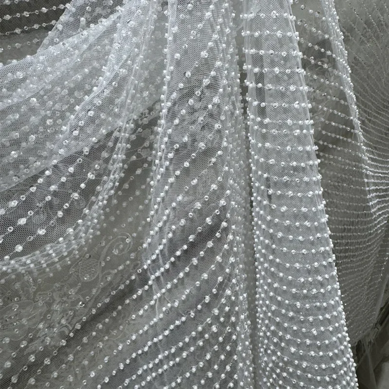 New Vertical Bead Sequin Embroidery Lace Fabric DIY Wedding Dress Evening Gown Bead Yarn Fabrics For Sewing