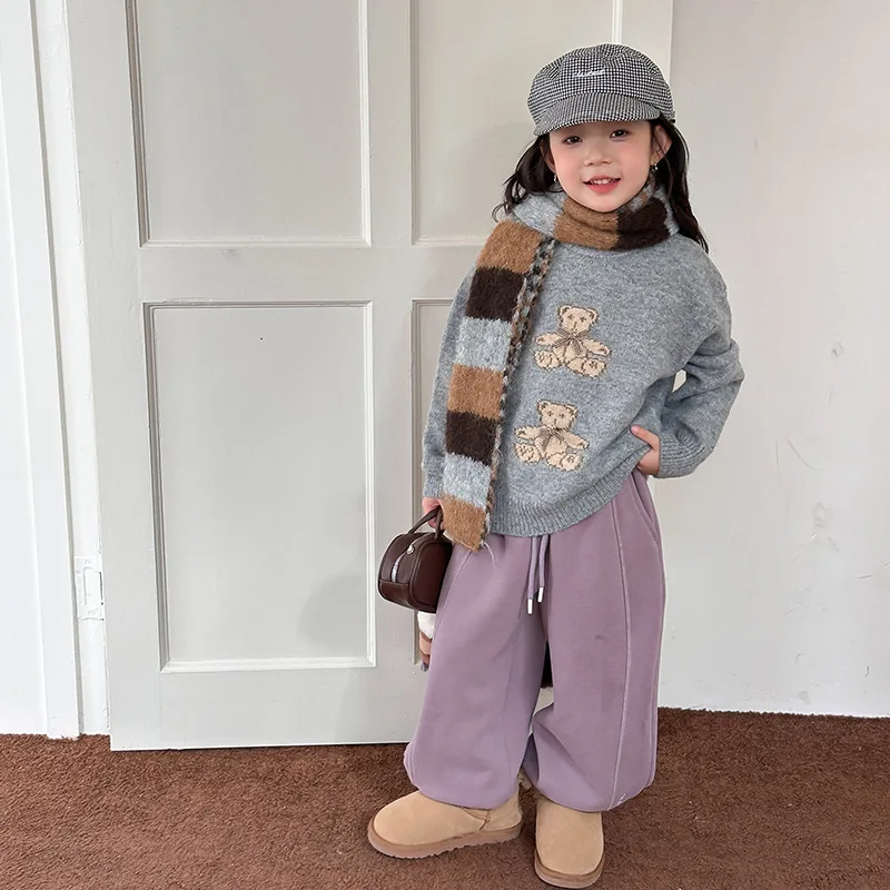 2025 Winter New Fashion Kids Well-behaved and Cute Knitted Tops Three-dimensional Bow Sweaters Boutique Clothing Simple Style