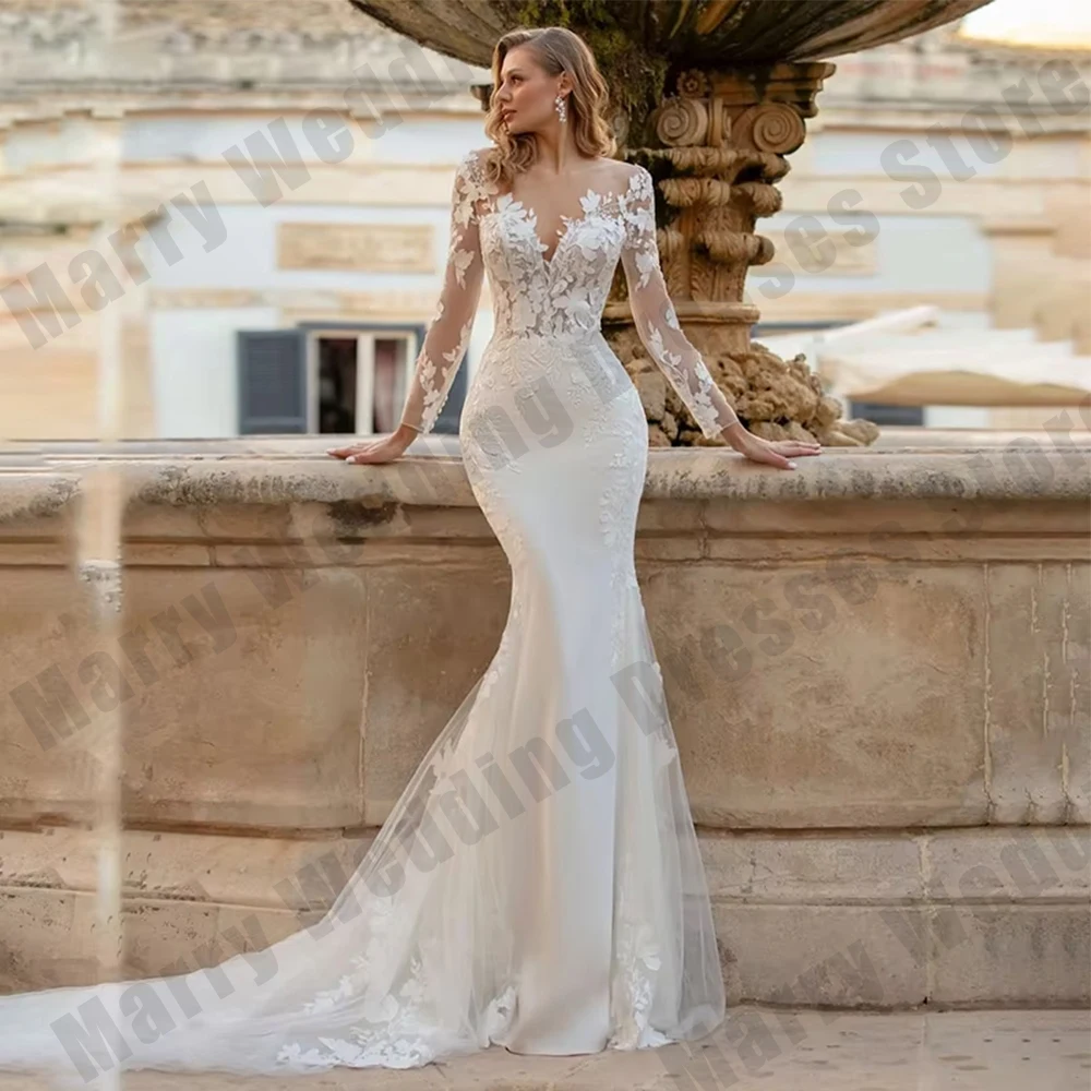 Vintage Damen Brautkleider Sexy Meerjungfrau Rundhals Elegant Langarm Applikationen Prinzessin Brautkleider Maßgeschneiderte Robe de