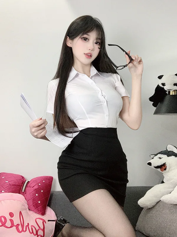 2024 New Sexy Spicy Girl Summer Pure Desire Style Campus JK Waist Up Short Sleeve White Shirt+high Waist Wrap Hip Skirt 8NPX