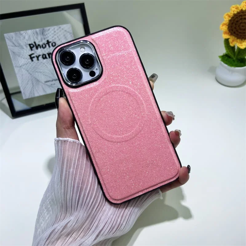 Silk Grain Leather Glitter Magnetic Case For iPhone 15 16 14 13 12 Pro Cover