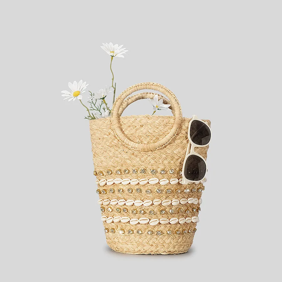 Ethnic Style 2024 Woven Bag Rattan Woven Ring Shell Shoulder Handbag Handmade Straw Woven Bucket Bag