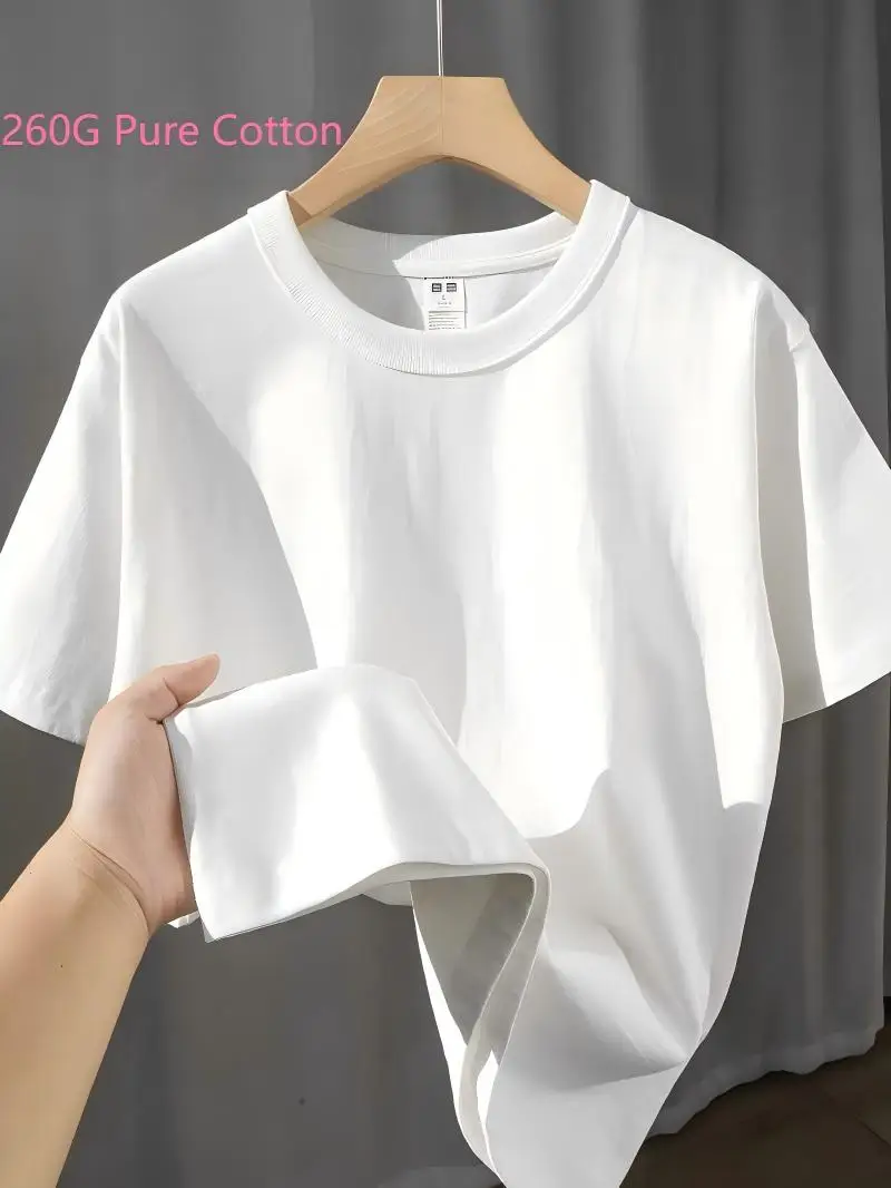 

100% Cotton 260g Men's Heavyweight Short Sleeve T-Shirt, Crew Neck, Solid Color, Soft Breathable Casual Basic Tee, Summer Top