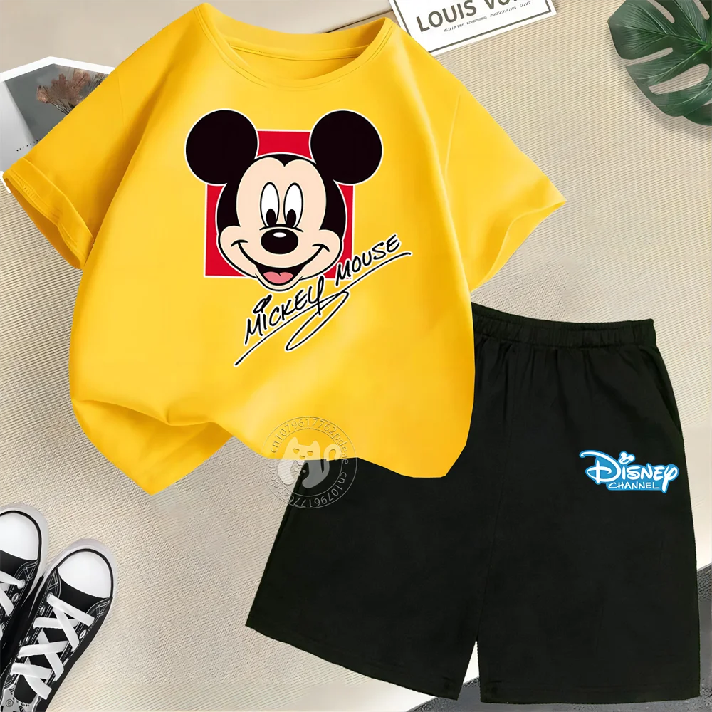 

Детская летняя футболка Disney из 100% хлопка для подростков с короткими рукавами + шорты, милый милый принт с Микки Маусом для мальчиков и девочек, уличный базовый костюм, тренд