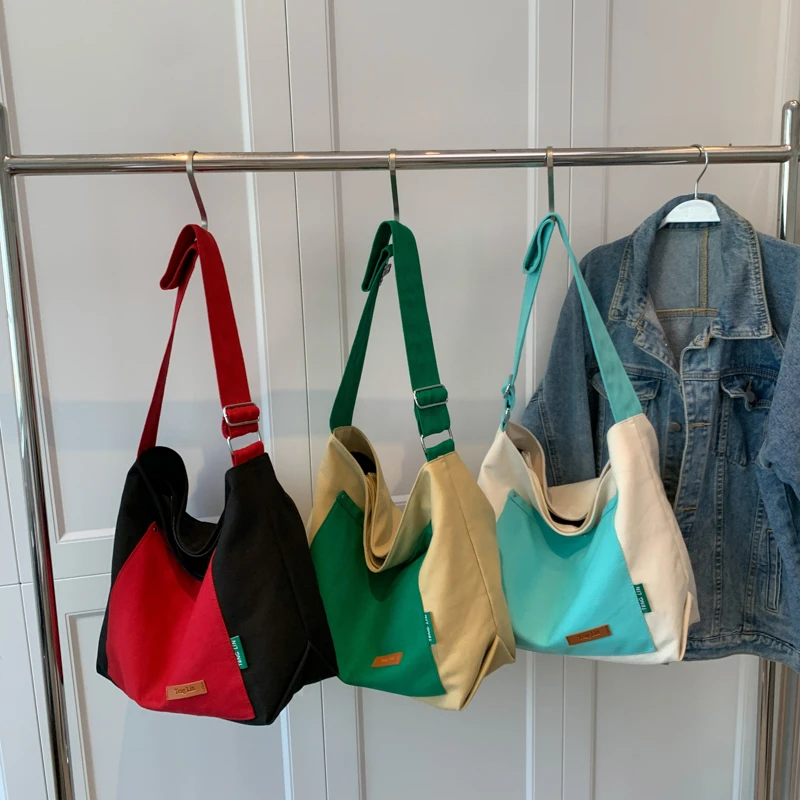 Contrast Color Canvas Bags For Women INS Shoulder Crossbody Bag Zipper Shopping Eco Bag Korean Messenger Bag Y2K Large Handbags