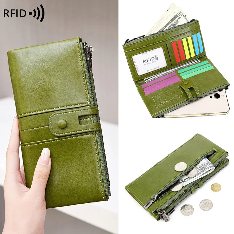 -BorderRFIDAnti-Theft Swiping Women's Wallet Oil Wax Leather Double Zipper Long Wallet European and American New Vintage Cl