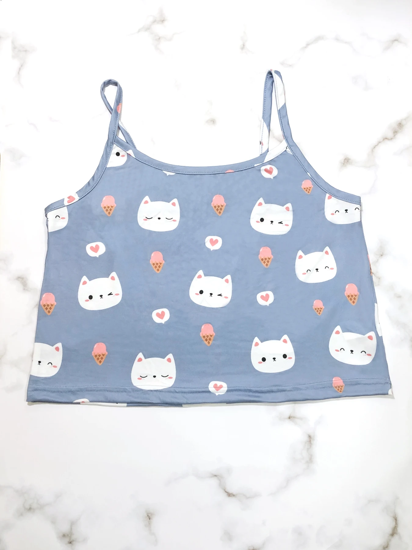 Allover Prints Cartoon Cat Women Pajamas Set Summmer Sleepwear Sleeveless Spaghetti Strap Top & Pants Grey Blue Cute Casual