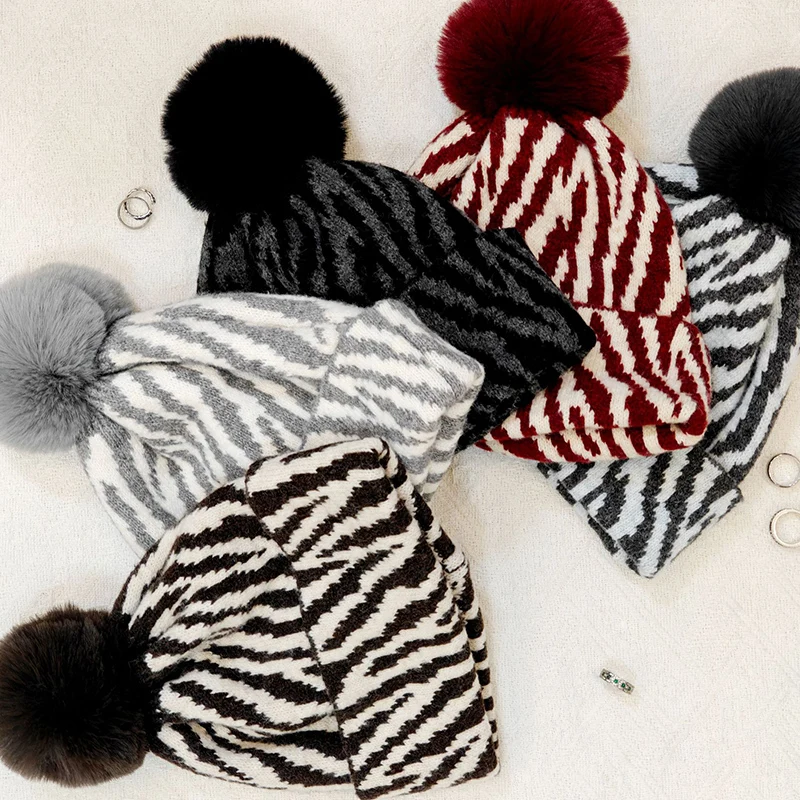 New Women Zebra Stripe Pom Pom Beanie Winter Thick Knit Hat For Ear Protection Men Outdoor Thermal Hat Warm Trapper Cap