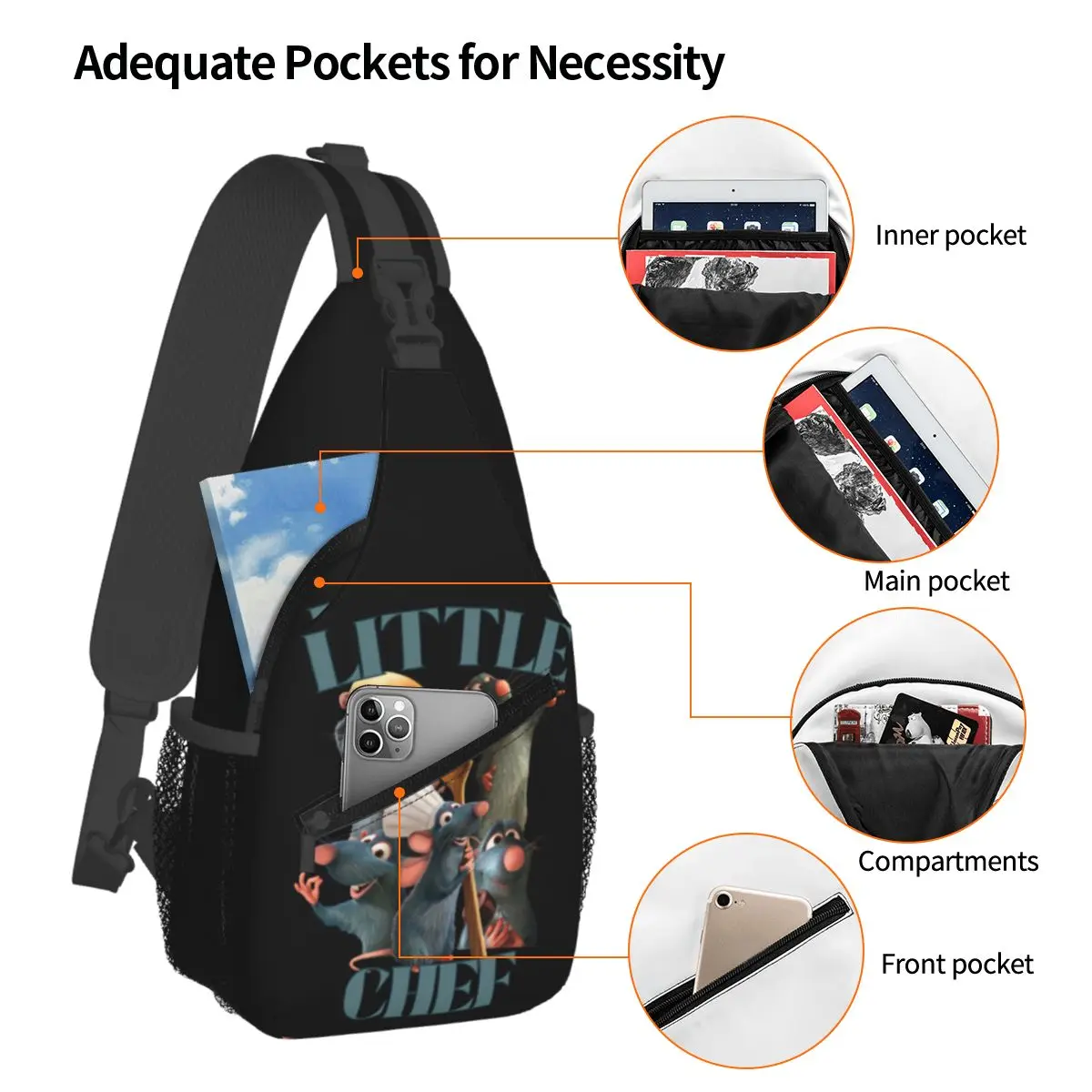 Custom Ratatouille Little Chef Remy Collage Sling Crossbody Backpack Water Resistant For Cycling Daypack Shoulder Backpack