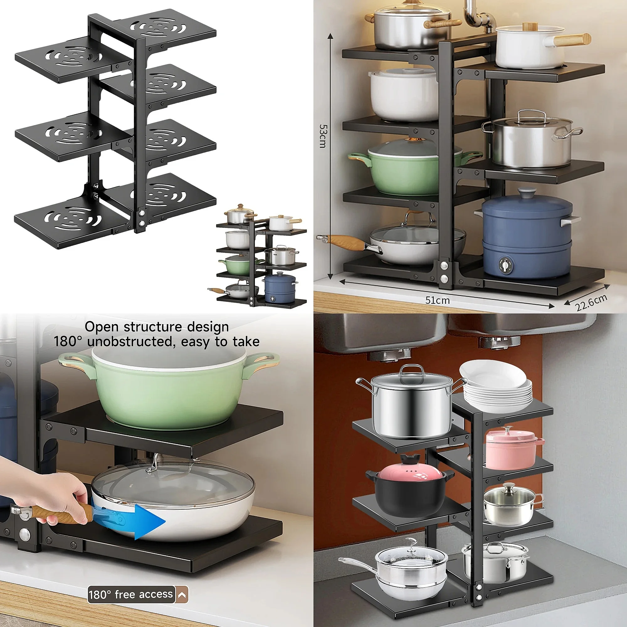 Multi-level Kitchen Pans Pots Storage Rack with Detachable Drain Pan Kitchen Storage Organizer Kitchen Pot Rack Adjustable
