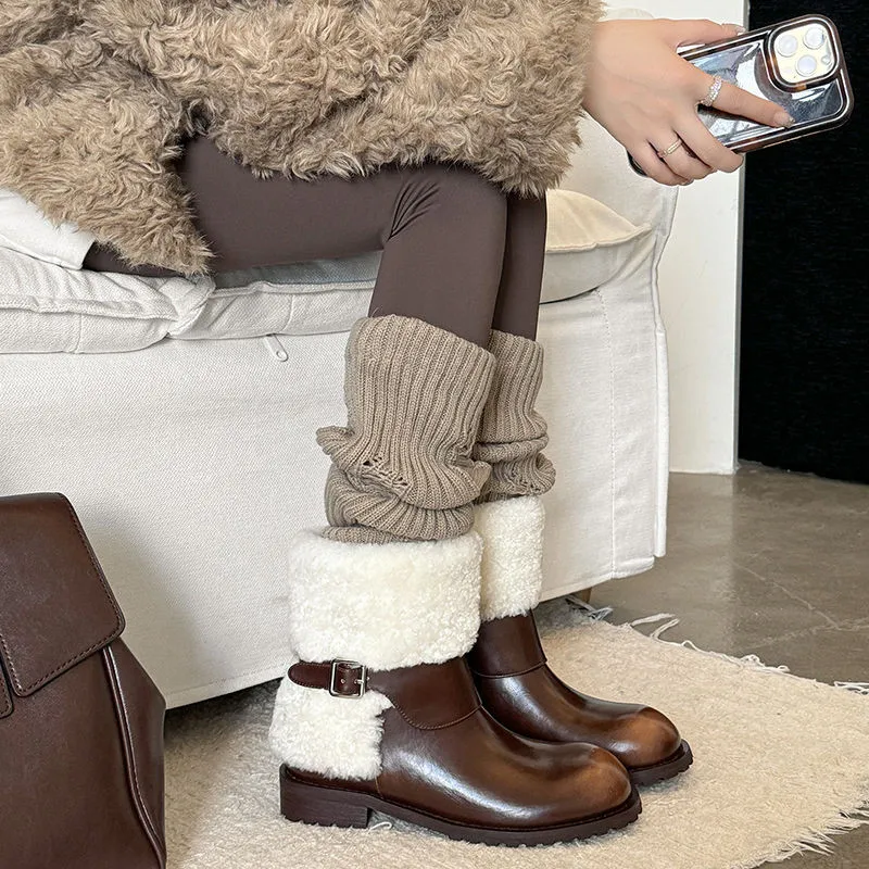 MKKHOU Fashion Short Boots Women's New High Quality Genuine Leather Boots Wool Warm Boots Round Head Winter Ankle Boots Women