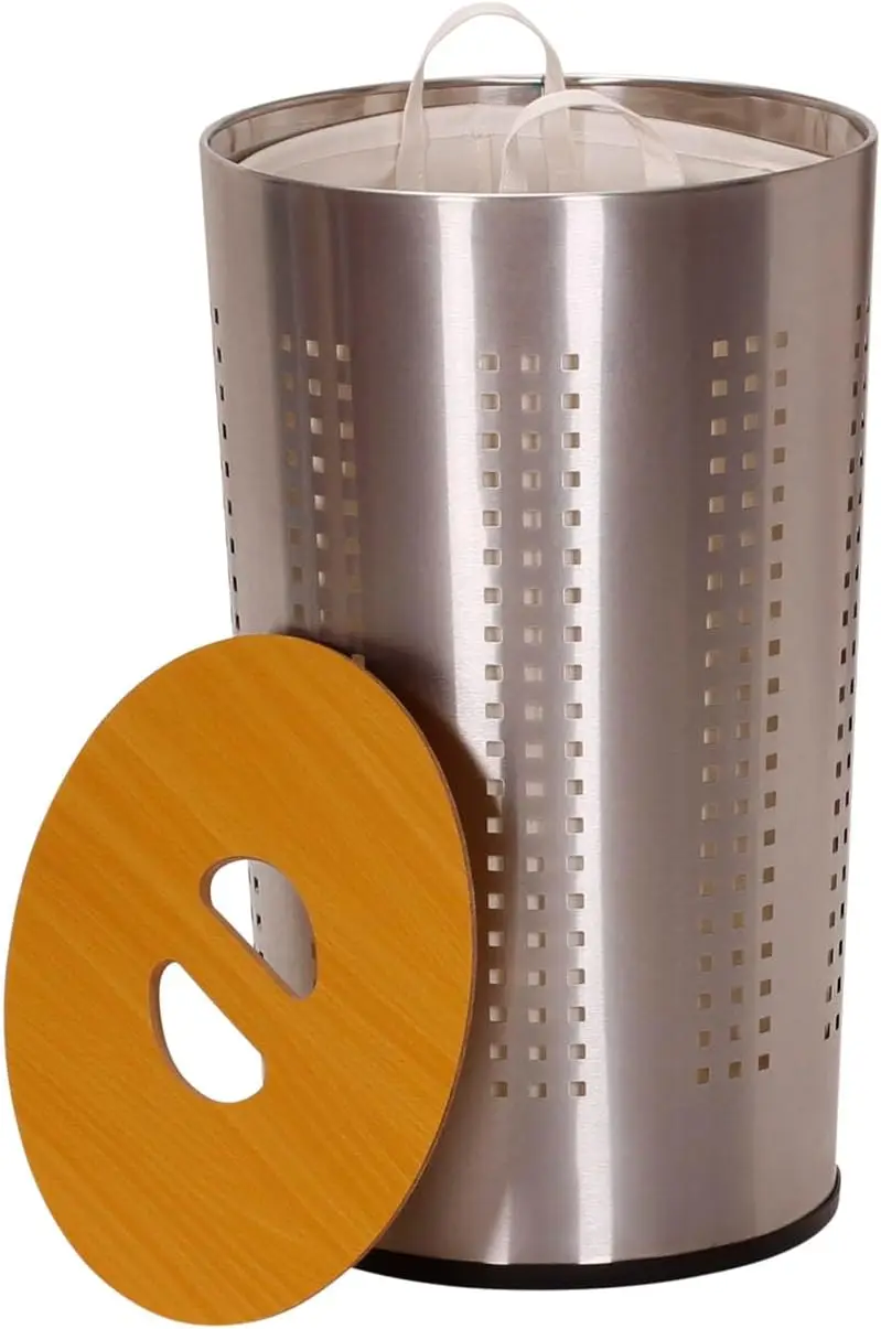 Round Metal Laundry Hamper - Removable Liner Bag and Wood Lid - Stainless Steel