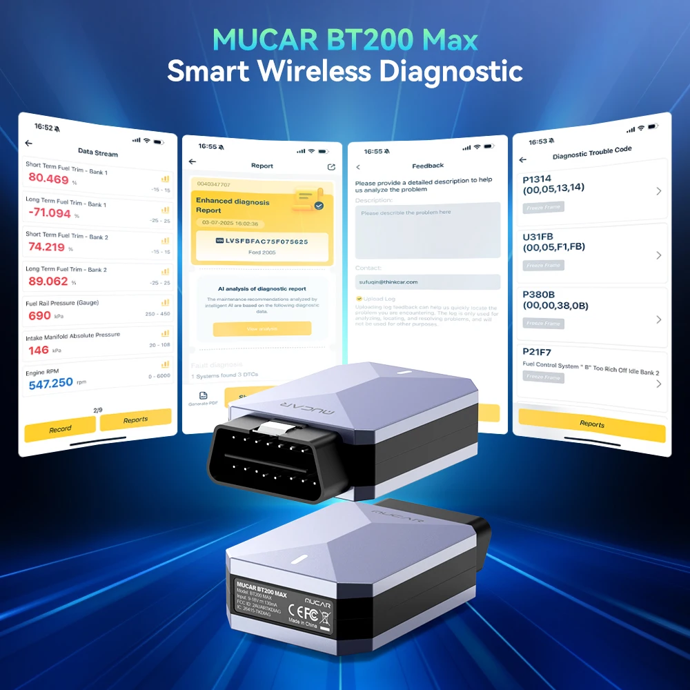 MUCAR BT200 MAX Lifetime Free AI Car Diagnostic Tool CANFD All System Diagnosis Scanner 15 Reset Bi-Directional OBD2 Code Reader