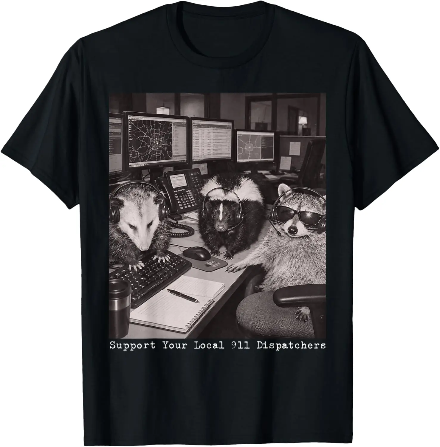 Support Your Local 911 Dispatchers Raccoon Possum Skunk T-Shirt Men Vintage Street Style Graphic Tee Casual Short Sleeve Daily T‑Shirt.y2k aesthetic,retro graphic print,hand drawn pattern,fashion streetwear,soft fabric,daily wear