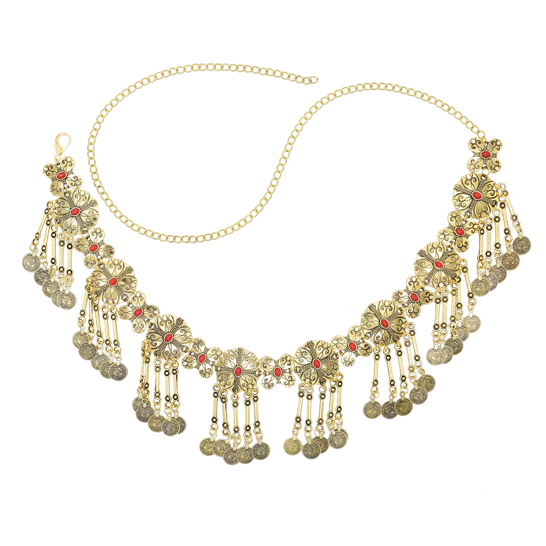 

Retro Golden Silvery Round Carved Flower Coin Tassel Waist Belly Chains Traditional Boho Gypsy Ethnic Robe Women's Body Jewelry