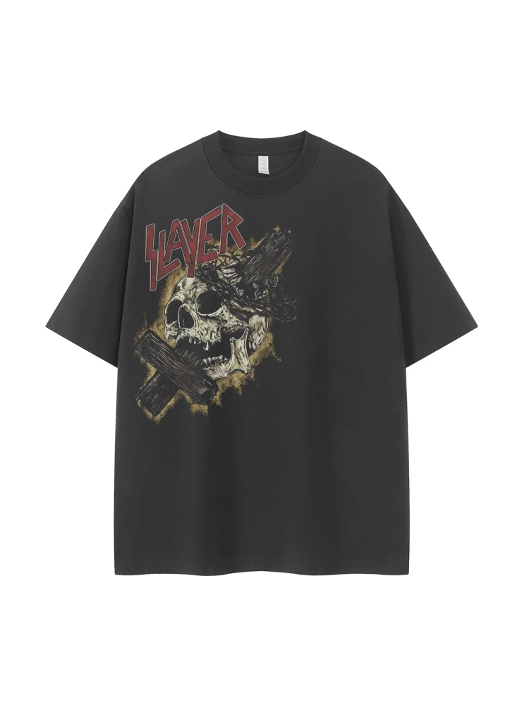 Slayer Band Retro American Street Hip Hop Dark Skull VTG Rock Short Sleeve T-Shirt Urban Casual Fashion Breathable Cotton Tee