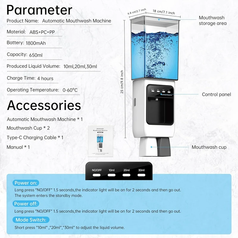 TKOH Dispenser pencuci mulut otomatis, untuk kamar mandi, Dispenser dengan cangkir dapat menyimpan 650Ml, 10/20/30Ml Dispenser cuci mulut listrik