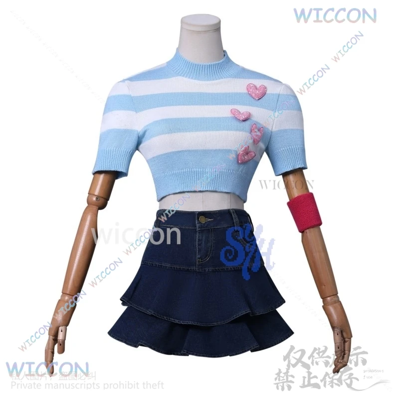 أنيمي فوز كلوب تأثيري بلوم زي جيراي كي الفتيات ريترو مخطط محبوك القلب جميل تي شيرتات قصيرة الاكمام فستان قصير كوس #4