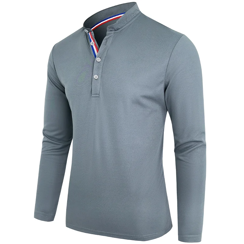 Men\'s Polo Shirt-Spring and Autumn Casual Business Buckle Henry Collar Long sleeve, Comfortable Style, Breathable