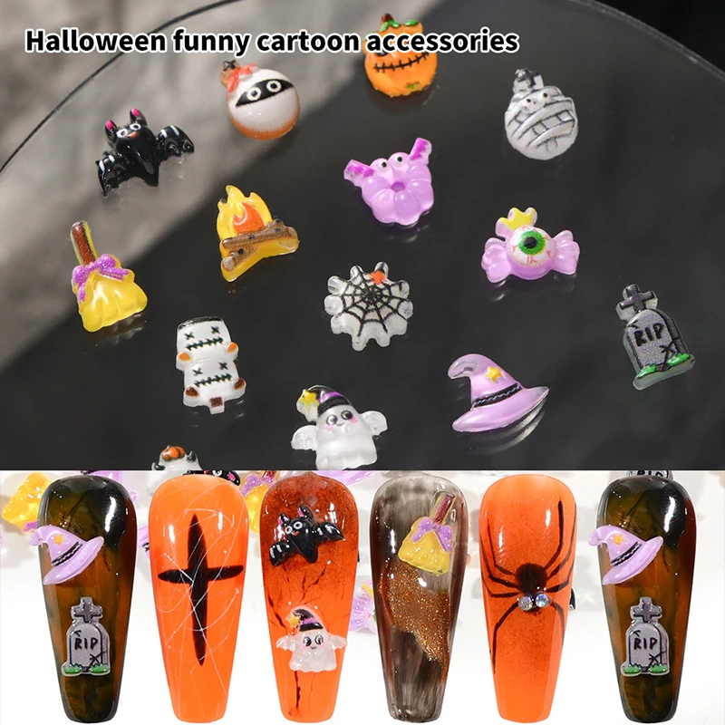 50 Pcs/Bag Halloween Nail Art Charms Mix Bulk 3D Cute Cartoon Pumpkin Monster Resin Charms Flatback Nail Decoration Accessories