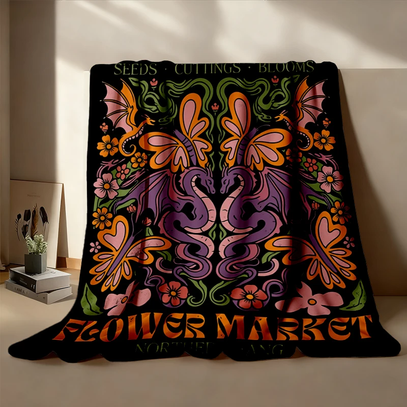 Abraxos Wyvern Flower Market Flannel Blanket, Dragon Rider Gift, Throne of Glass Flannel Throw