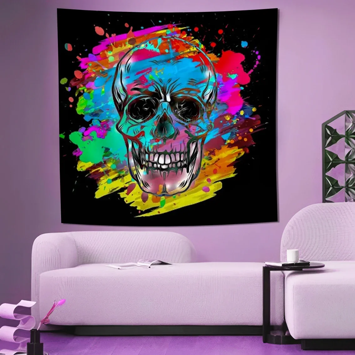 skull tapestry, colorful flames, fluorescent withered branches, terrifying atmosphere, bedroom decoration wall hanging