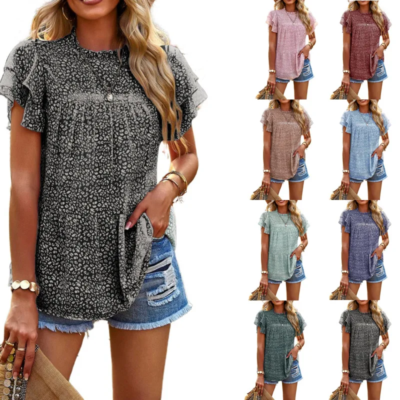 Woman's Tshirts Superior Quality spring/summer Chiffon Floral O Neck Ruffled Sleeve Ladies Top t-shirt Dropshipping YYYdr507