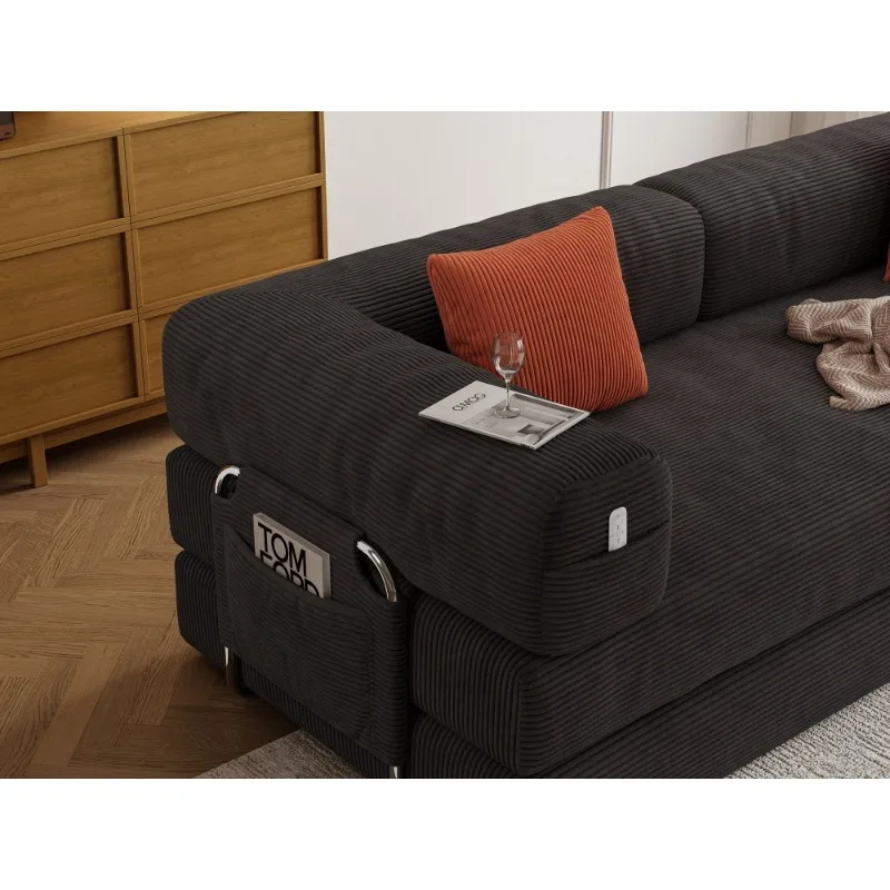 Черный вельветовый диван с боковым карманом, современная удобная мебель для гостиной, стильный диван с оранжевыми подушками, домашний декор