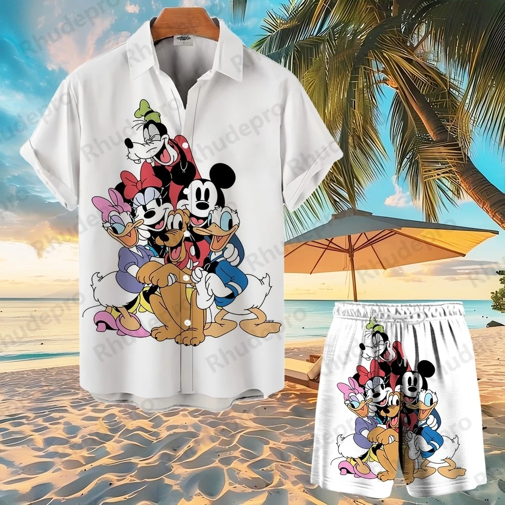 

Новый гавайский костюм Disney с 3d принтом, мужской и женский модный костюм с короткими рукавами и пуговицами с Микки Маусом, 2021, пляжный костюм