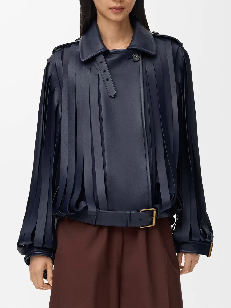 New European-style women's fashion jacket: stylish, versatile, elegant, solid color, lapel collar, and fringe details.