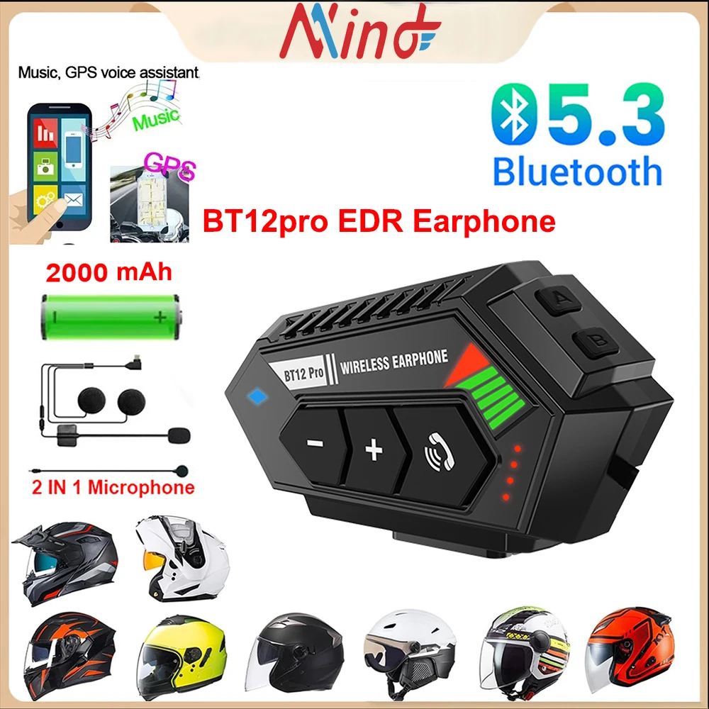 BT12 Pro Bluetooth Helmet Headset Long battery Life 2000mAh Motorcycle Headphone Wireless Music Player Waterproof Moto Earphone