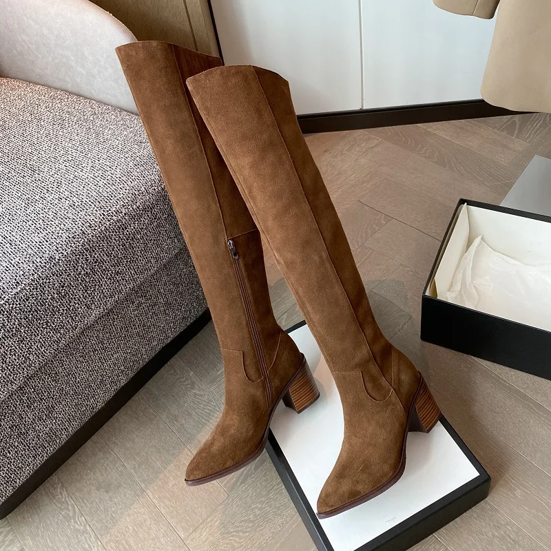 Over Knee High Boots Side Zip Pointed Toe Spring Autumn Woman Cowsuede Boots Chunky Heel Winter Boots Warm Shoes  Large size 41